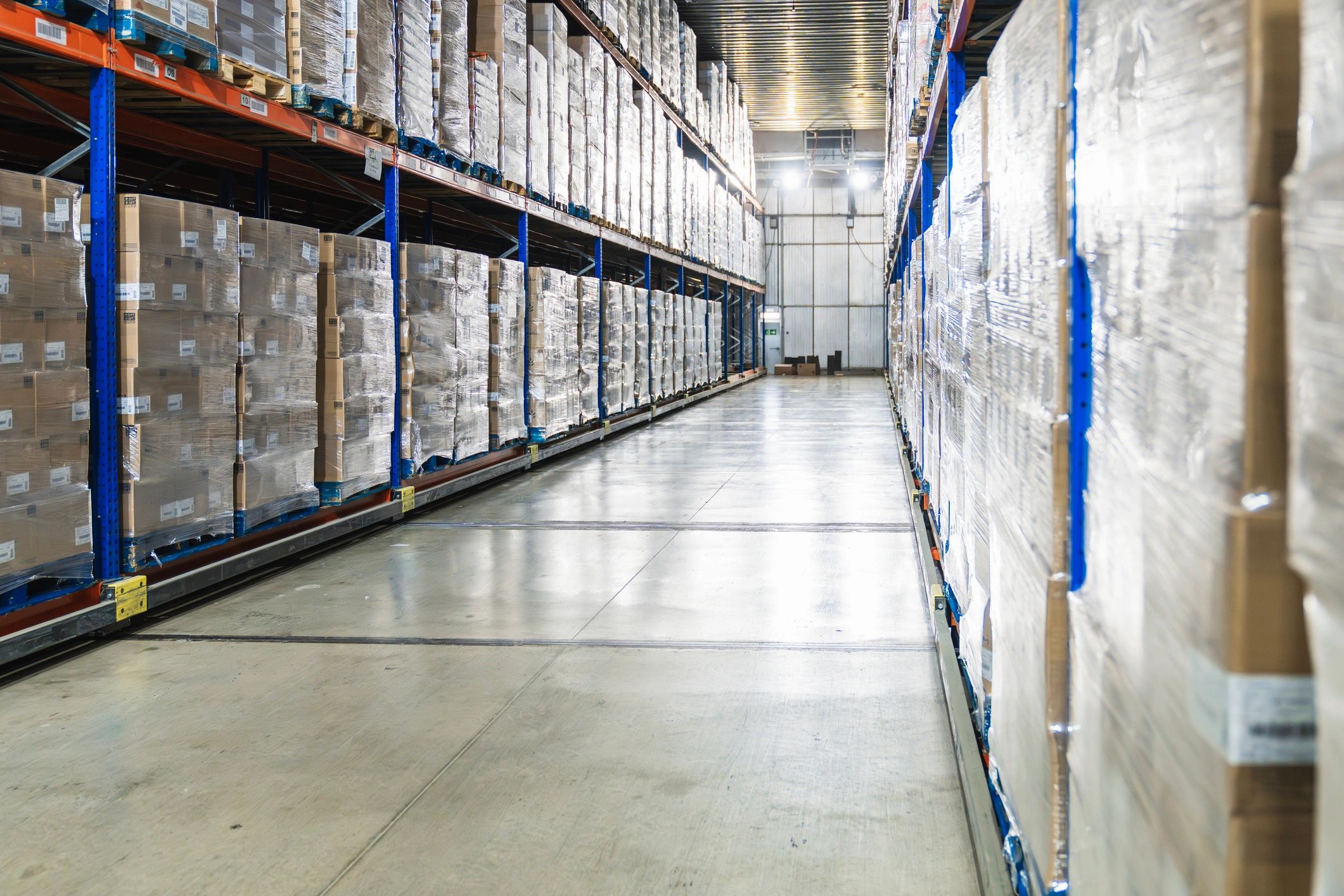 Palletized boxes in a logistics warehouse